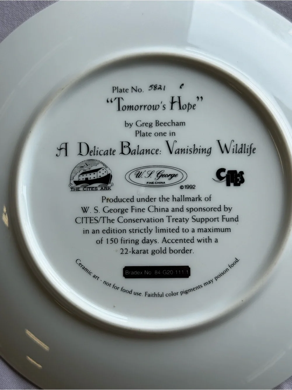 Decorative Collector Plate with Tiger Family Artwork - 22k Gold Trim